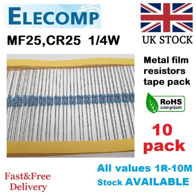 MF25 1/4W Resistors 1% All Values (0R-1K-10M) 10 Pack, KIT, UK stockFree postage