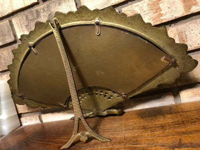 Old Antique Art Nouveau Solid Brass Fan Free Standing Vanity Mirror Ornate 17.5"