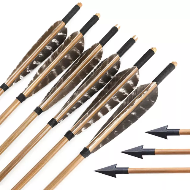 6/12pcs 33" Bamboo Arrows 5" Turkey Feather Longbow Traditional Archery Hunting