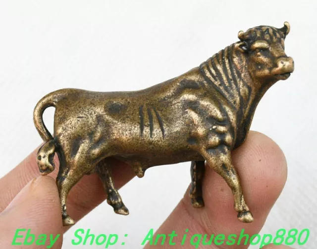 2.3''Old Chinese Dynasty Bronze Cattle Cow ox Bull Animal Statue Sculpture