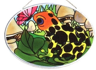 Joan Baker Designs BUTTERFLY & FROG Painted Glass Small Oval Suncatcher SO475