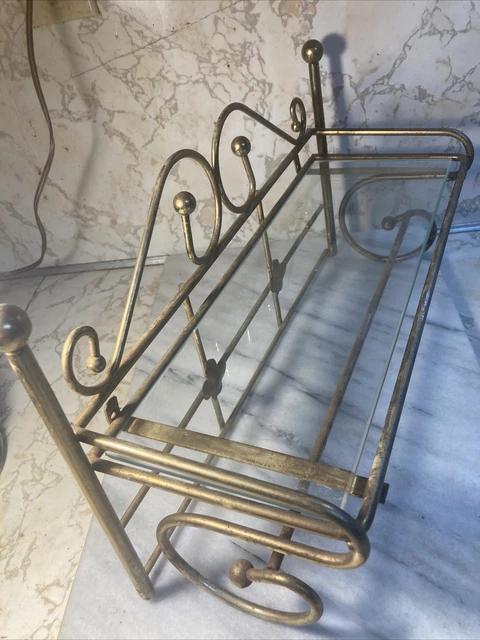 Vintage Brass Wall Shelf with Clear Glass Shelf and Towel Bar MCM