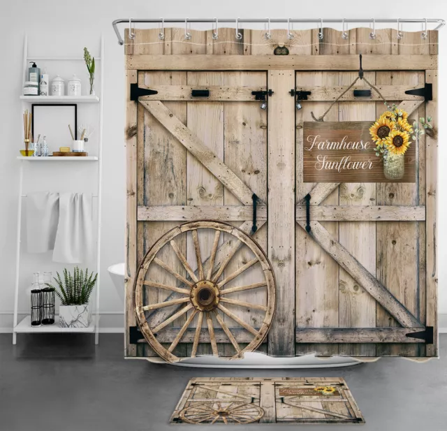 Rustic Sunflower Barn Door Farmhouse Shower Curtain Bathroom Accessories Set
