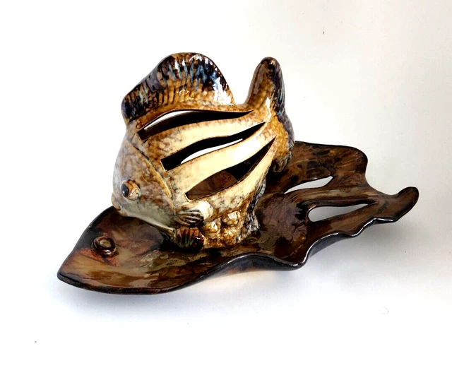 BROWN GLAZED CERAMIC fish shaped candle holder NWT and trinket dish
