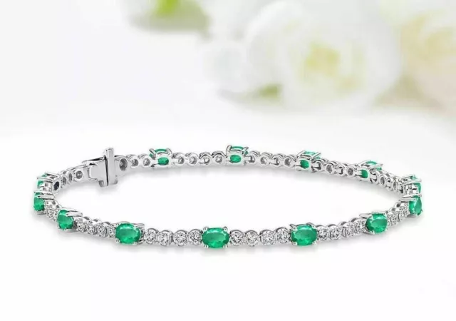 4Ct Oval Cut Lab Created Green Emerald Tennis Bracelet 14K White Gold Plated