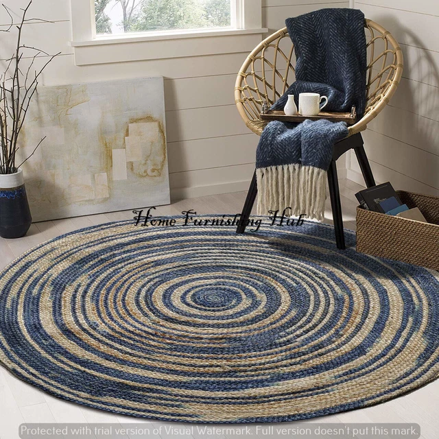 Alfombra Hecha A Mano Redondo Decoración Yute Natural Reversible Trenzado -1,5m