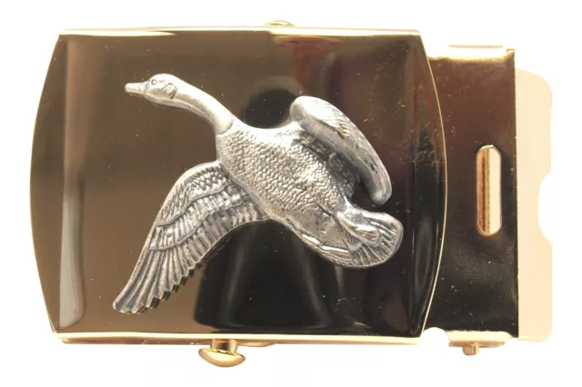 Military Style Web Belt Buckle, Solid Brass with Canadian Goose Pewter Motif, 1-