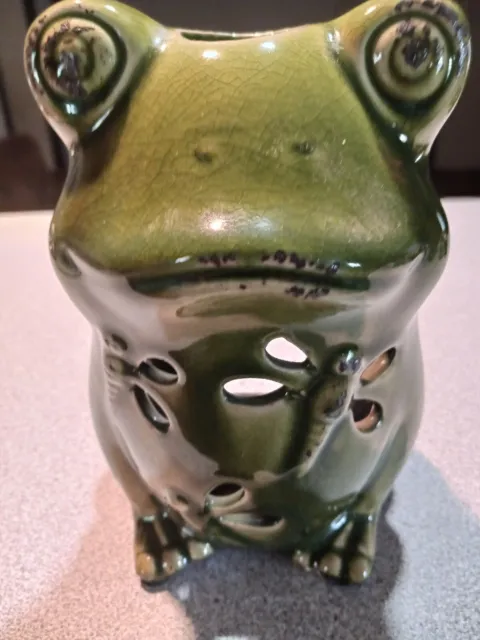 Vtg Frog Ceramic Tea Light With Dragon Flies