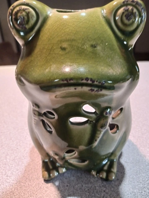 Vtg Frog Ceramic Tea Light With Dragon Flies