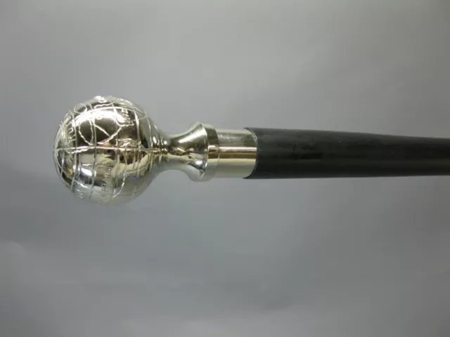 Silver Brass Globe Head Design Handle Antique Style Wooden Walking Stick Cane 2