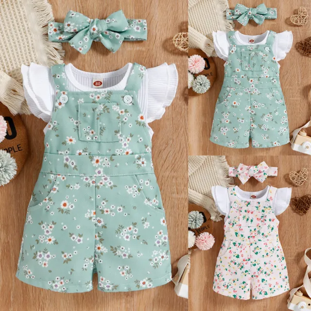 Newborn Baby Girls Floral Ribbed Ruffle Tops Romper Overall Outfits Clothes Set