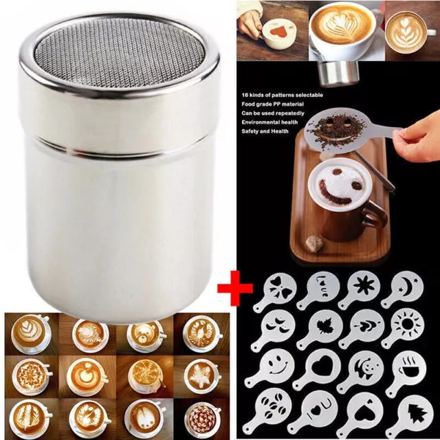 Stainless Steel Chocolate Shaker Duster W/ 16 Cappuccino Coffee Barista Stencil