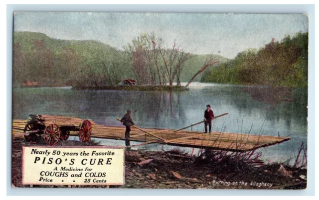 c1910 Piso's Cure Quack Medicine Advertising River Barge Derry Church Postcard