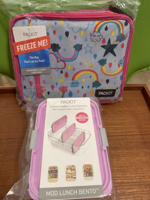 PACKIT Freezable Lunch Bag, Box & Mod Lunch Bento Box Set Unicorns, Rainbows NEW