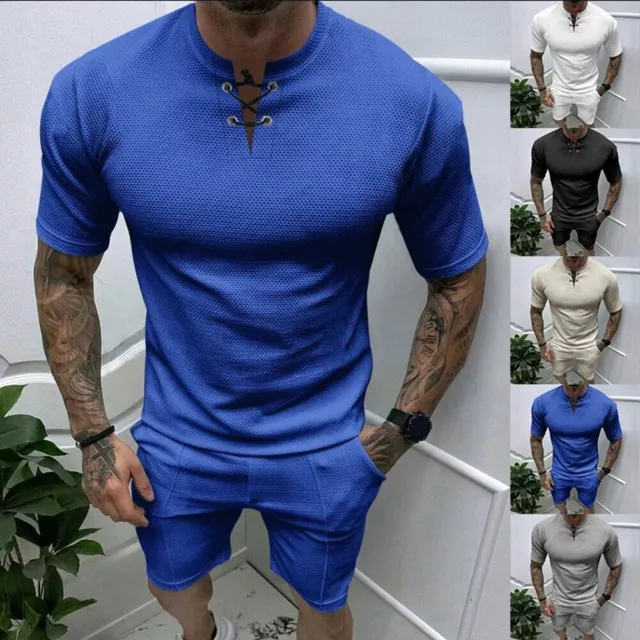 2 Piece Men T Shirt Tracksuits Short Sleeve + Shorts Solid Color Sportwear S-3XL