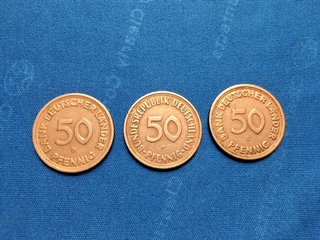 West German 50 Pfennig Coins set of Three 1949 D - F and J