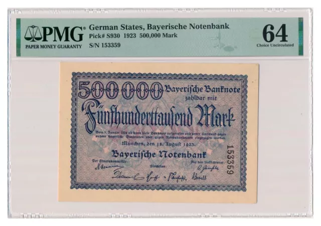 GERMAN STATES (BAVARIA) banknote 500.000 Mark 1923 PMG MS 64 Choice Uncirculated