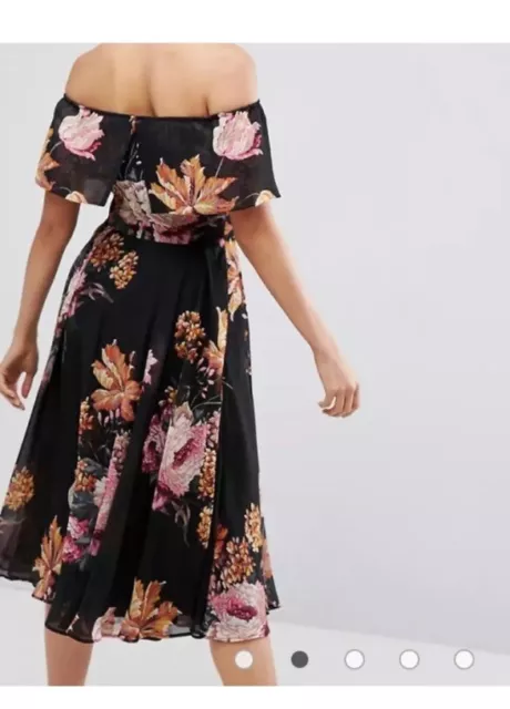 ASOS Black Floral Bardot Midi Dress size 8 2