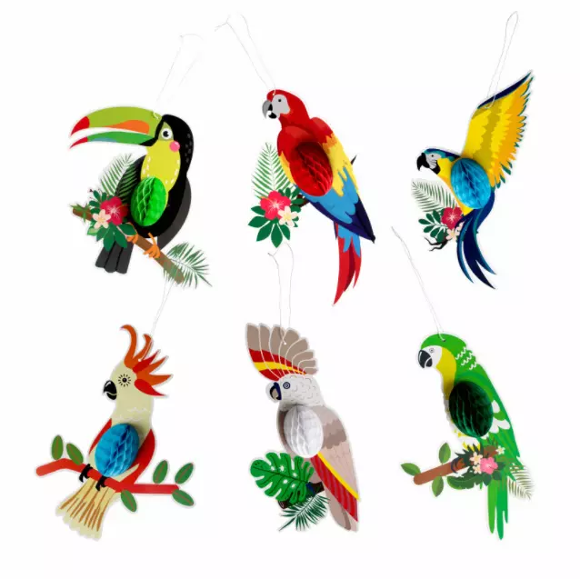 6 Honeycomb Paper Parrot Bird Hanging Ornament Tropical Hawaiian Party Decor