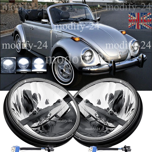 Pair 7" Round LED Headlights With DRL - Chrome Housing, Hi/Lo, H4 Connector - Fits Volkswagen Beetle & More