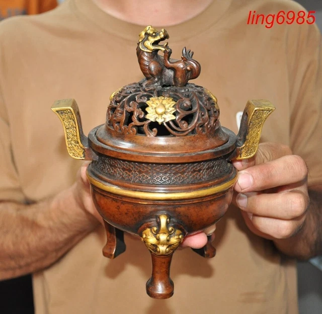 old China Buddhism purple bronze Gilt Foo dog lion beast Incense burner Censer