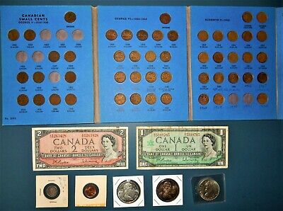 Canada coin and currency collection, small cents, dollar coins, various.