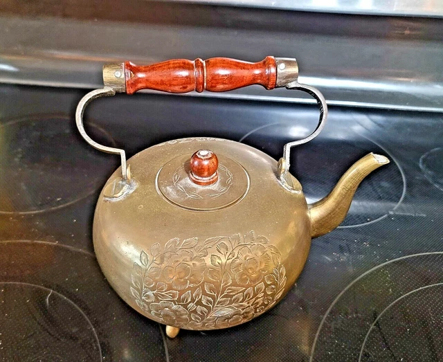 Vintage Footed Engraved ~  Etched Brass Teapot Made in India - 2367-J