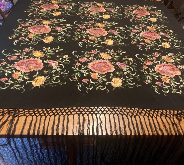 Victorian Piano Shawl/Scarf. Black Floral/Rose…Silk Hand Embroidery. Beautiful! 3