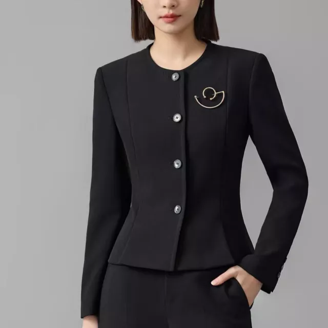 Womens Office Business Acetic Acid Suit Jacket Women Crew Neck Coat Blazer Pants 2