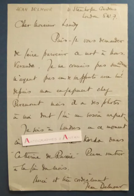 ● L.A.S Jean DELMOUR acteur début XXè "Catherine de Russie" Korda Londres lettre