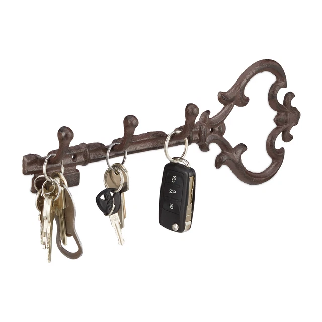 Perchero pared hierro fundido, Colgador llaves con 3 ganchos, Forma de llave