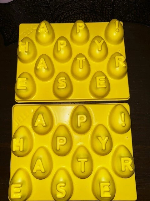 "Lote de 2 tiradores de moldes de huevo ""HAPPY EASTER"" amarillos de gelatina