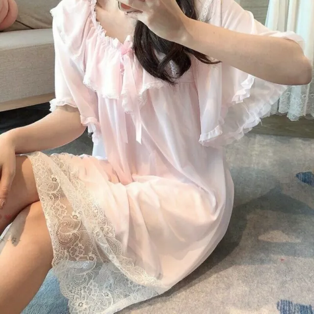 Lady Retro Lace Lolita Nightdress Ruffle Sleepwear Nightgown Flare Sleeve Chic