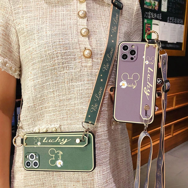 For iPhone Samsung Crossbody Cartoon Wrist Strap Stand Holder Phone Case Cover