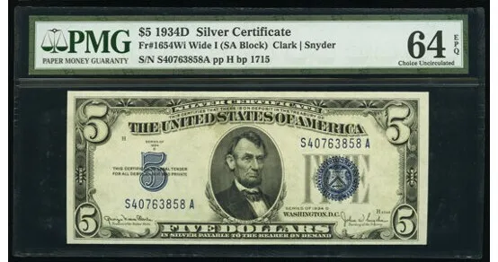 1934D $5 Silver Certificate Note Clark/Snyder PMG Choice UNC. 64 EPQ 803