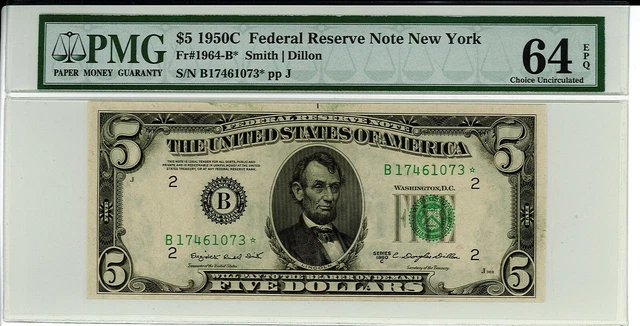 1950C $5 Federal Reserve Note - 1964-B* - Star - PMG 64 EPQ - New York