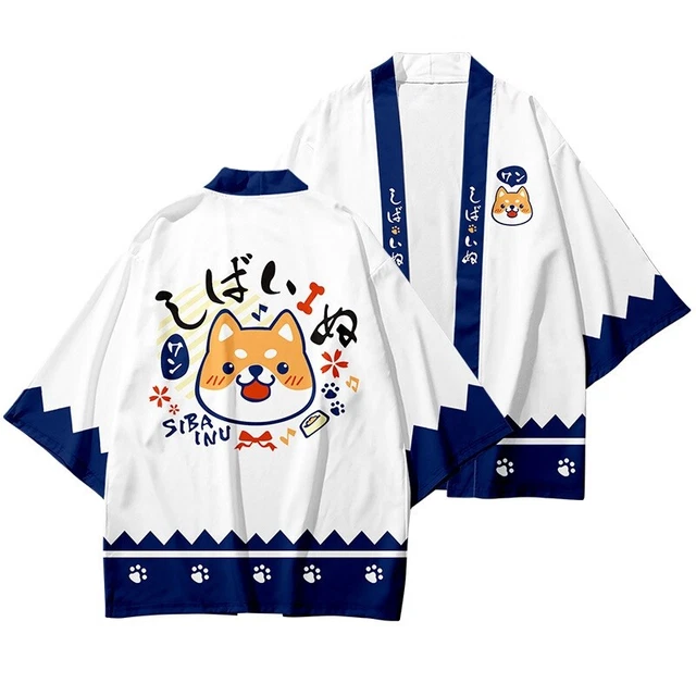 Summer Loose Japanese Cartoon Dog Cat Kimono Robe Haori Tops Yukata Shirt Unisex