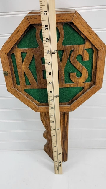 Wall Mounted Key Shaped Holder Cabinet Wooden Handmade Laser Cut 9 Hooks Vtg 3