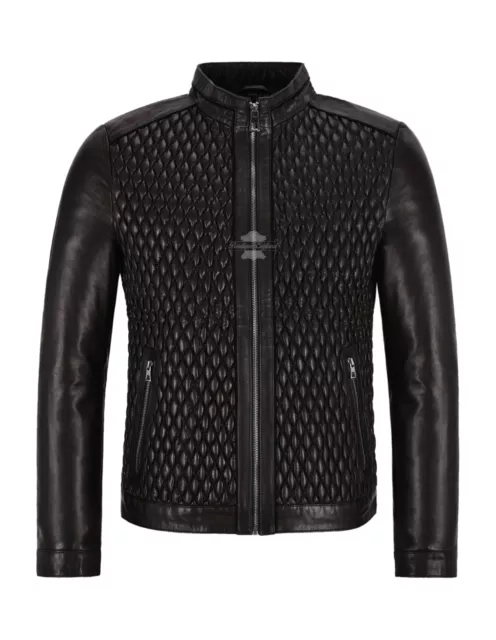 PREMIUM Mens Leather Jacket Black Elasticated Diamond Quilted Front Racer Jacket
