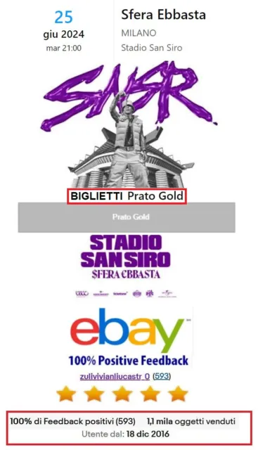 SFERA EBBASTA PRATO GOLD biglietto Stadio SanSiro Milano 25 Giugno 2024 EUR  199,90 - PicClick IT