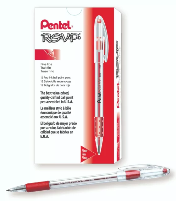 BK90-B Pentel RSVP Ball-Point Stick Pen, 0.7mm Fine Tip, Red, Pack of 12