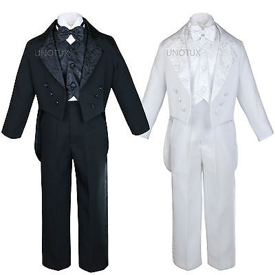 Black White Baby Kid Teen Boy Formal Wedding Party Paisley Tail Tuxedo Suit S-20