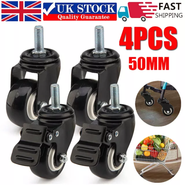 4 x Heavy Duty 50mm Rubber Swivel Castor Wheels Trolley Furniture Caster Brake