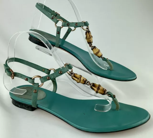 Gucci Turquoise Bamboo T-Strap Thong Sandals Size 7B