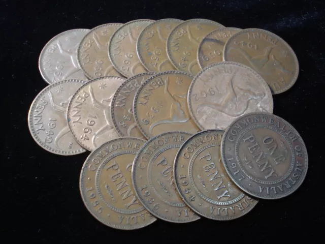 Bulk Lot Australian Penny Pennies 16 Coins Different Dates KGV - QEII Part Set