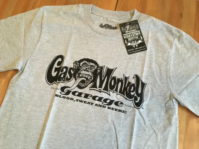 T-shirt Gas Monkey Garage da uomo grigia 100% cotone felpa sangue birre nuova con etichette
