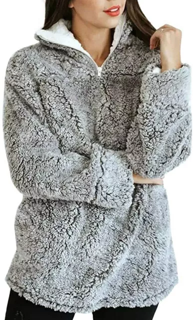 Women's Warm Fuzzy Sherpa Fleece Quarter-Zip Pullover Sweatshirts Outwear Gy S