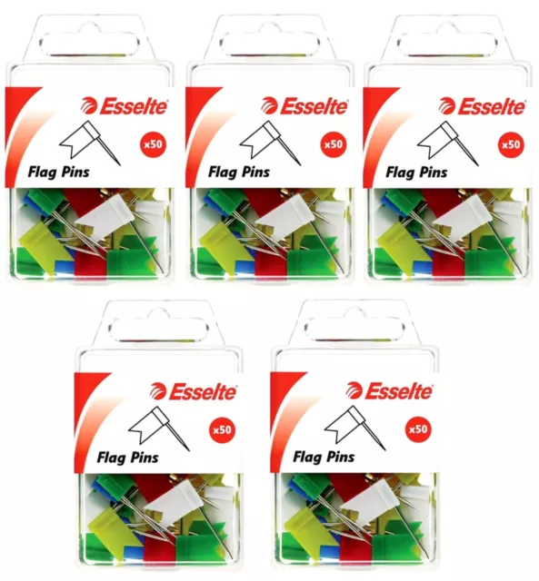 5 PACK - Esselte Flag Pins Push Pins Box 50 - Assorted - Free Postage