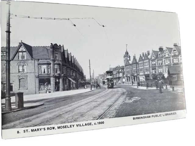 St. Mary's Row Moseley Village c1900 elektrische Straßenbahn usw. Birmingham selten 70er Repro