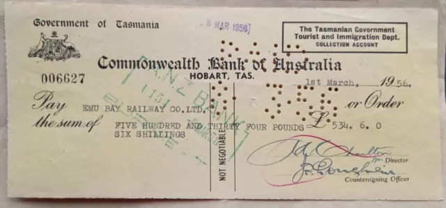 Australia 1966 Tasmania Govt Bank Cheque With Revenue Stamps Emu Bay Railway Co 2